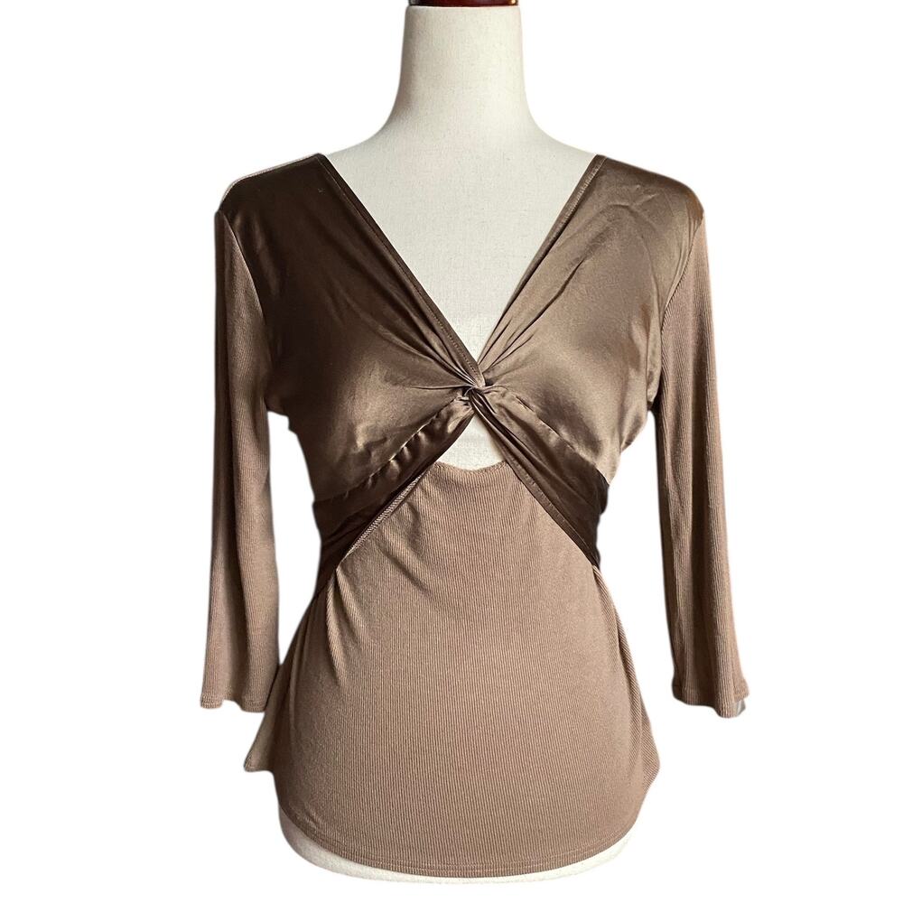 Vtg Y2K 00s 90s V Neck Front‎ Cut Out Cross Over Tie Back Top M Brown Rib Knit